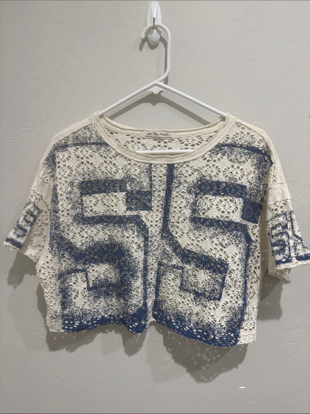 We The Free Cream Crochet Crop Top with Blue '55' Print